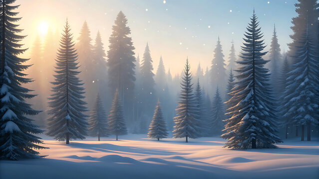 Serene winter landscape with snow covered pine trees at sunrise creating peaceful vista