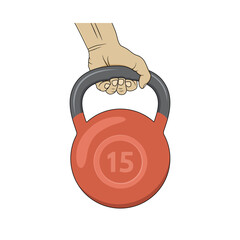 Hand holding a red kettlebell. Vector design