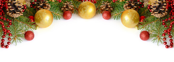 Christmas decorations with green pine twigs on white background for header or holiday card