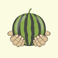 Hand holding a watermelon. Vector illustration