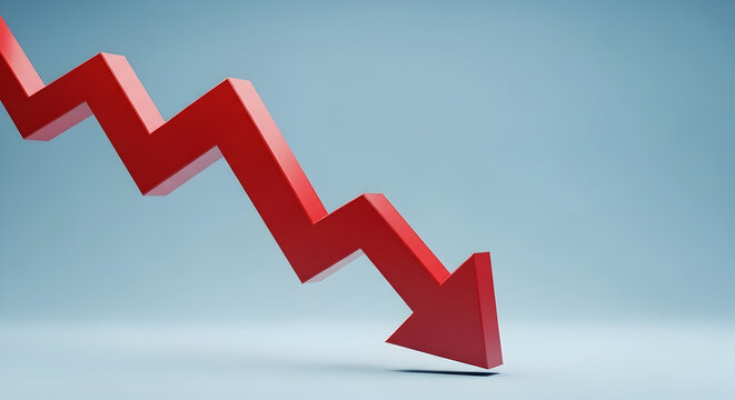 Red Downward Arrow Indicating Decline In Business Finance Graph Illustrating Economic Downturn, Losses, And Negative Trends In The Market
