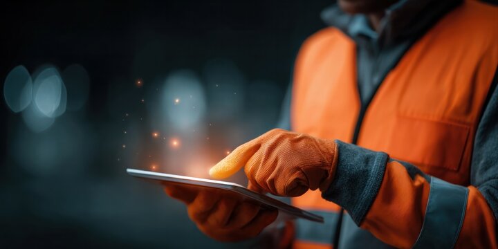 Gloved construction worker using digital tablet with glowing interface wearing reflective vest showing smart inspection process