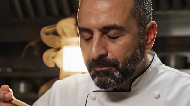 Cinematic closeup of male chef tasting sauce. Professional cook savoring flavor in steamy kitchen. Culinary moment of culinary enjoyment and quality check in gourmet preparation.