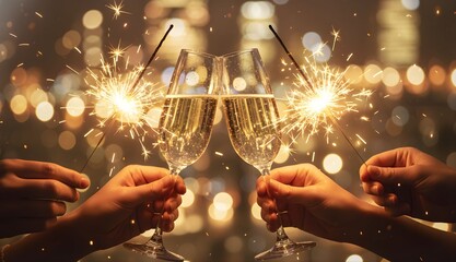 Sparkling Toast: A celebratory scene unfolds, two hands raise elegant glasses of champagne, intertwined with the dazzling sparks of a firework. A moment of togetherness, marking celebration and joy.