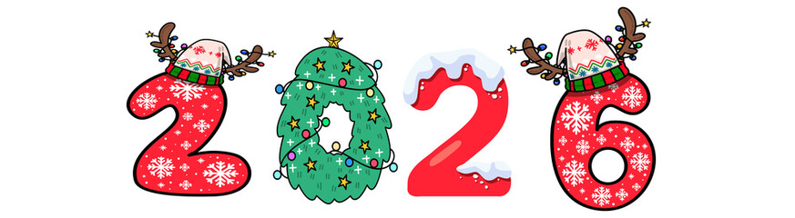 PNG image of Festive 2026 new year illustration featuring christmas themed numbers with snowflakes reindeer antlers christmas tree and snow decorations for holiday celebrations on transparent backgrou