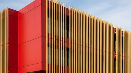 Contemporary architectural facade featuring vibrant red cladding and vertical wooden timber fins creating a dynamic linear pattern