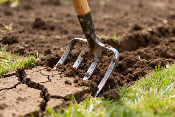 Tilling dry soil with garden fork prepares land for planting new seeds in spring garden project