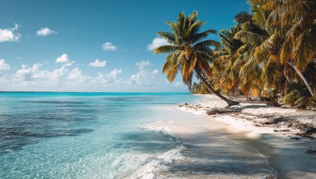 Vibrant photo of tropical beach scene with clear turquoise water and palm tree