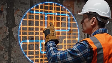 Man in hard hat pointing at holographic grid overlay. Construction worker using augmented reality interface from over the shoulder view. Digital technology for building inspection and measurement. - Powered by Adobe