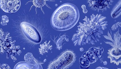 A blue and white image of various microorganisms