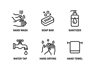 Hand Wash Soap Bar Sanitizer Water Tap Hand Drying Hand Towel — Minimal bold line icon set