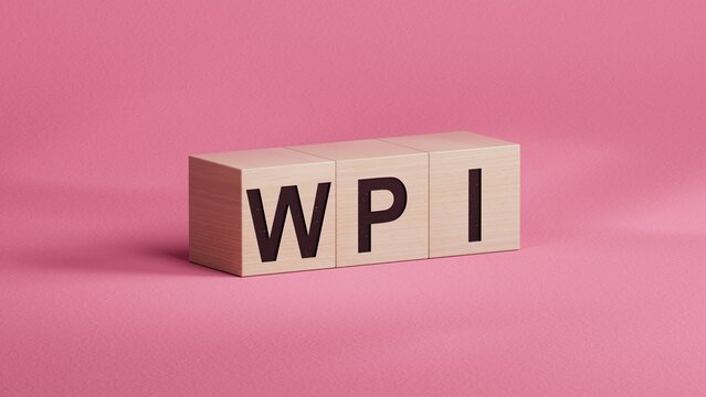 wooden cubes with the word WPI.close up of wooden cubes,Business Concept.3D rendering.
