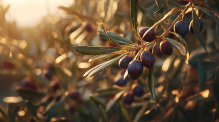 Olive grove at sunset, golden hour glow, close-up of ripe olives on branches, dreamy tones. Generative AI image