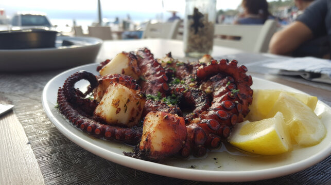 Glazed grilled octopus tentacles garnished with potato slices and lemon on traditional setup table with view of the sea. Generative AI image