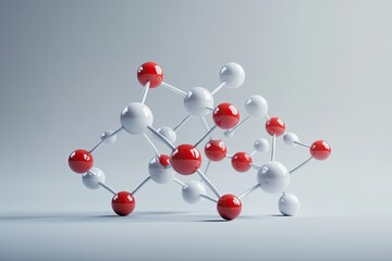 A complex molecular structure composed of red and white spheres connected by white lines, representing the intricate relationships between atoms and molecules.
