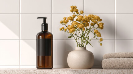 Liquid soap bottle mockup with towels with pastel tiles in the background. Mockup of shower gel, shampoo, liquid soap. Generative AI image