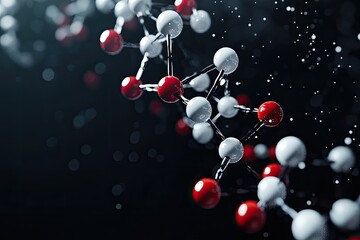 A complex molecular structure composed of red and white spheres connected by black lines, suspended in a dark space with a subtle glow.