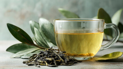Organic tea in glass cup with loose leaves beside it, natural light, muted background. Generative AI image