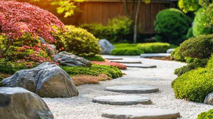 Fototapeta premium Serene Japanese Garden with Stone Path and Lush Greenery at Sunset