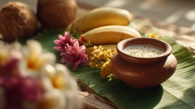 Traditional Hindu offering (Prasad) on a banana leaf. Clay pot with milk and fresh fruits.