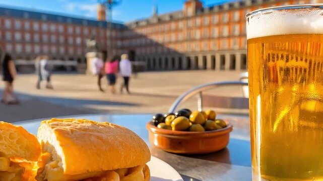 Bocadillo de calamares con cerveza en terraza de la Plaza Mayor de Madrid