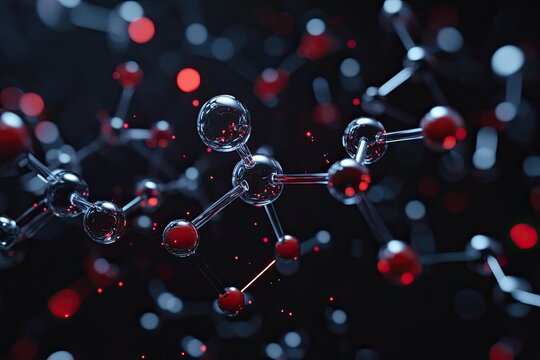 A complex molecular structure composed of red and blue atoms, suspended in a dark space with a subtle glow. - Powered by Adobe
