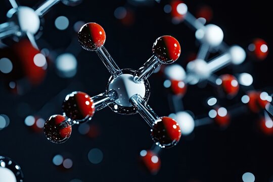 A molecular structure composed of red and white spheres connected by transparent tubes, set against a dark background. - Powered by Adobe