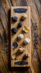 The most expensive tasting tray arranged with white and black truffles. Mushrooms with an exceptional taste and aroma. Generative AI image