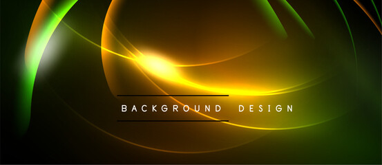 Abstract neon lines create dynamic curves. Bright gradients blend yellow, green, orange hues over black backdrop. Text reads background design.