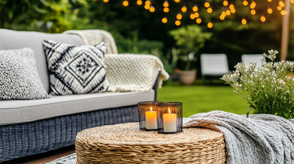 Cozy outdoor lounge area with candles, lantern and pillows in garden at evening