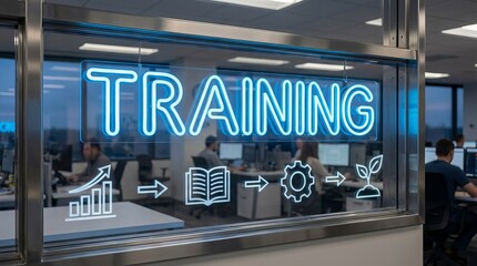 Obraz premium Word ‘Training’ displayed on office glass window, symbolizing with self-growth, learning, development, and business improvement.