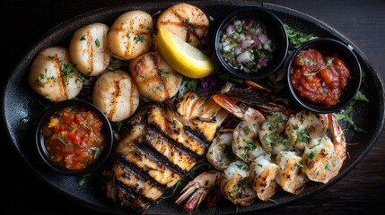 Seafood platter. Grilled shrimps, scallops, and fish with salsa fresca. Generative AI image