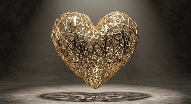Abstract heart made of golden wires under spotlight intricate design light and shadow 3d rendering love shape art decoration concept