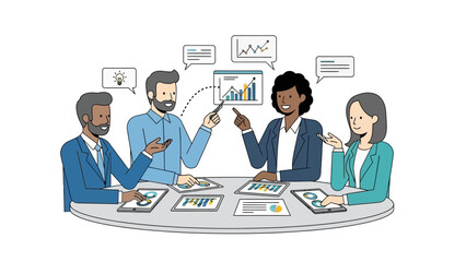 Business team meeting. Diverse group discussing. People with tablet, smartphone, and laptop. Presentation on screen. Office workers collaboration. Vector illustration. White background.
