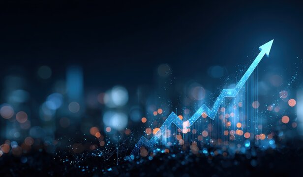 A blue and white graph with a single arrow pointing upwards