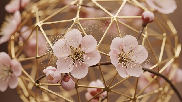 Close-up of delicate pink cherry blossom flowers on a golden geometric sphere - Powered by Adobe