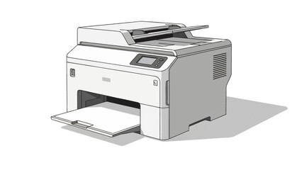 Printer with open tray. Office printer. White printer. Vector illustration. Printer on white background. Office equipment. Gray shadow. Simple printer design. Inkjet printer.