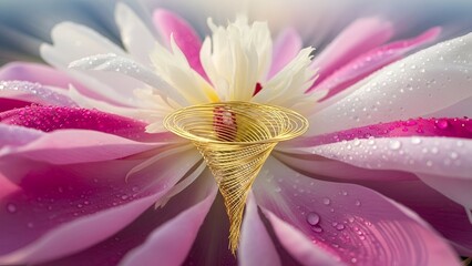 A Golden Vortex Emanates from the Vibrant Heart of a Delicate Pink and White Peony Bloom, Adorned with Morning Dewdrops