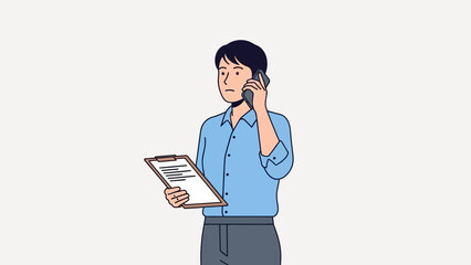 Businessman on phone. Man talking on mobile. Person holding clipboard. Office worker illustration. Vector graphic. Business communication. Adult male. Blue shirt. Gray pants. White