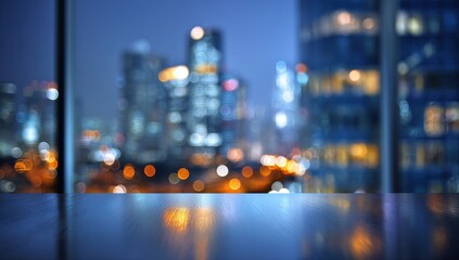 Vibrant photo of blurred city skyline at night seen from a reflective surface