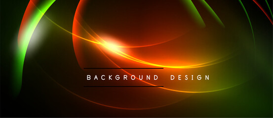 Abstract neon waves, vibrant colors blend. Dark background emphasizes glowing curves, creating dynamic visual effect. Text reads background design.