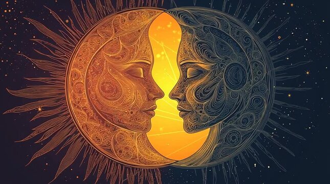 Sun and moon facing each other symbolizing equinox, Spiritual and cosmic mood.