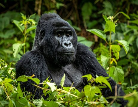 A close-up shot of a mature, black gorilla resting amidst lush green foliage, gazing with an intent expression