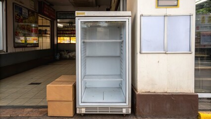 Naklejka premium Petroleum price small business concept. Empty refrigerator displayed outside a store, with cardboard boxes nearby and a shop window in the background.