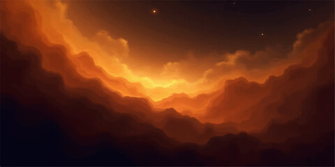 Dramatic orange and brown nebula cloudscape with distant stars in deep space © Ashraful