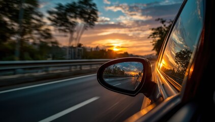 Vibrant photo of view from car window of sunset over highway with motion blur