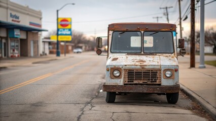 Petroleum price small business concept. Abandoned food truck parked on a quiet street, showcasing peeling paint and a nostalgic vibe.