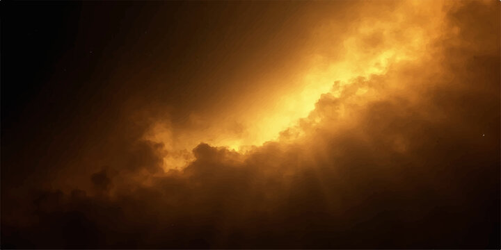Dramatic golden light breaks through dark storm clouds in the sky