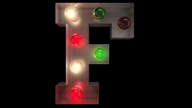 Festive glowing silver steel Christmas light bulb letter alphabet in five different seamless loop animation with transparent background F