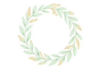Watercolor botanical wreath with green and gold leaves